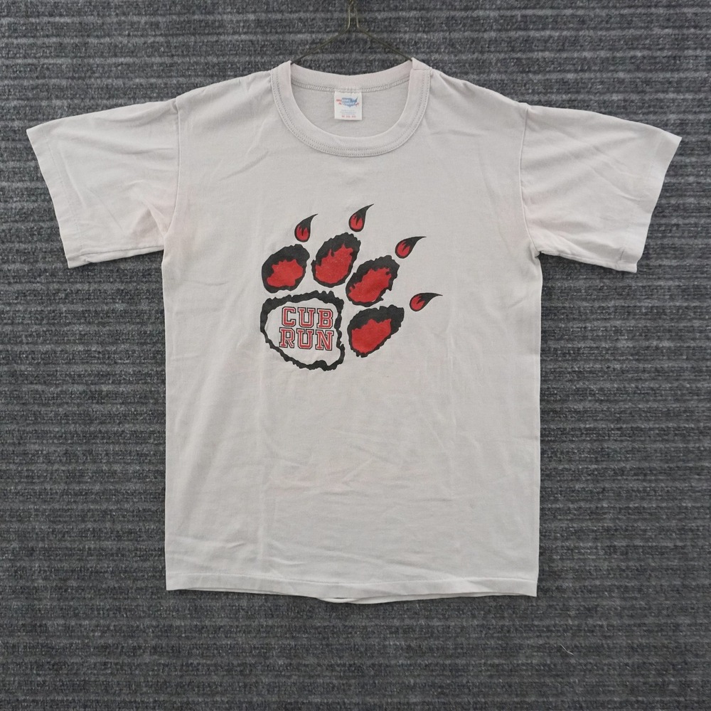 Vintage 80s National Activewear T-Shirt Mens M Gray Cub Run Paw Print USA Made